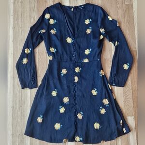Madewell Black Floral Polka Dot Button Down Long Sleeve Dress